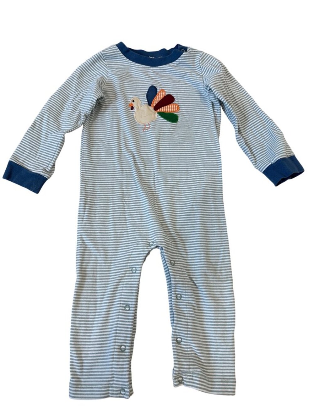 Ishtex Baby Turkey Applique Long Sleeve Romper Striped Blue 24M 95% Cotton 5% Sp